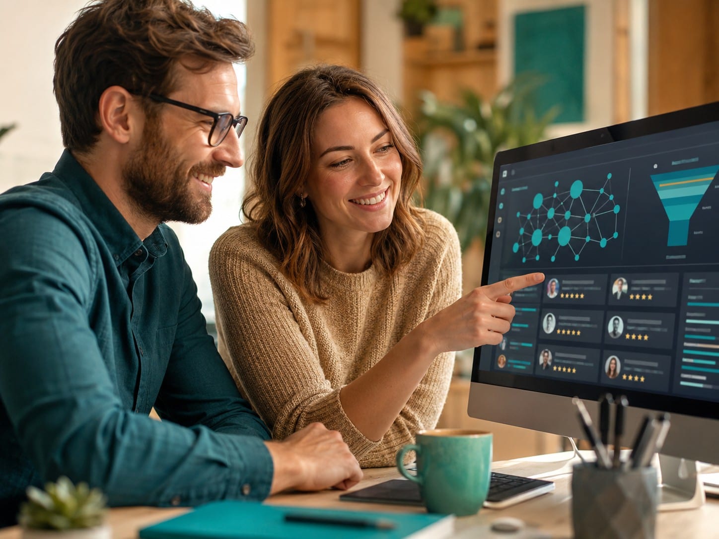 Un homme et une femme souriants regardant un tableau de bord de génération de leads B2B